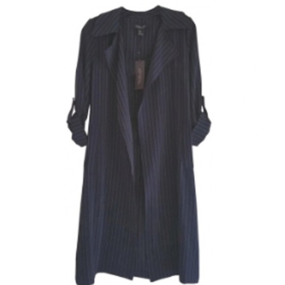RACHEL ZOE LINA Navy Pinstripe Open Front Notch Collar 3/4-Sleeve Midi Blazer XS